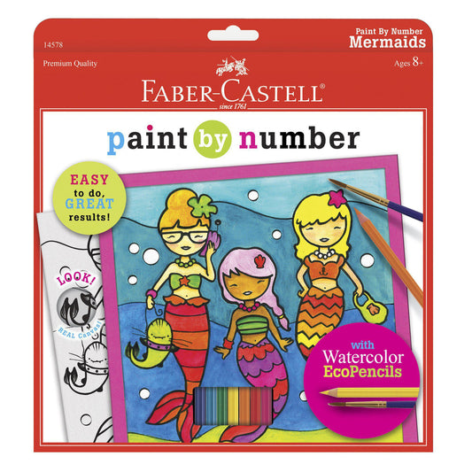 Faber-Castell - Paint by Number Mermaids, Set includes 8 acrylic paints, real artist canvas (9" square) And More