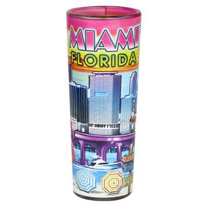 Miami City Florida Tall Clear Shot Glass Feature Scene Skyline In & Out Print Colorful Souvenir Shot Glass