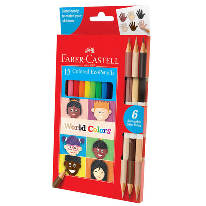 Faber-Castell World Colors Ecopencils Set - 15 Colored Pencils & Grip Trio Pencil Sharpener (Sharpener Color May Vary)