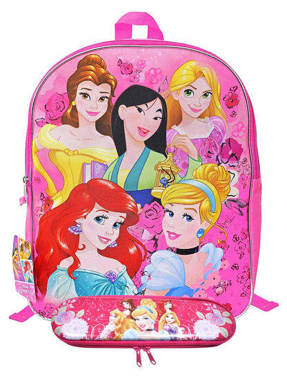 Disney Princesses Pink Ariel Belle, Mulan, Cinderella, and Rapunzel. Backpack, 15 Inches