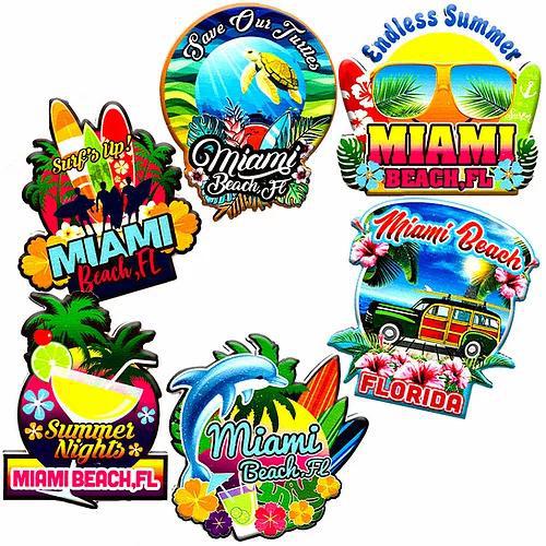 Miami Beach Florida Tropical Styles UV Magnet, Souvenir Gift - Fridge & Home Magnet - Assortment, 3" (Random Pick-1 PCs)