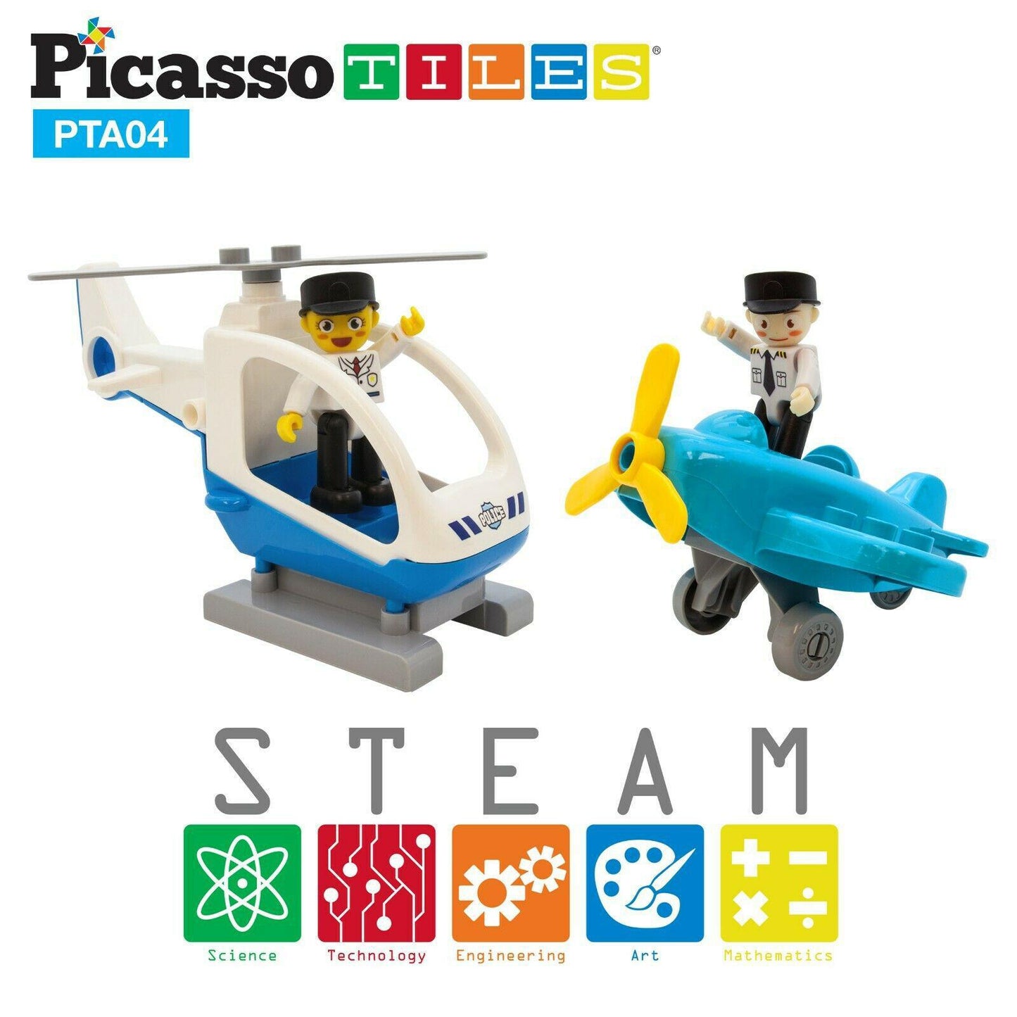 PicassoTiles Magnetic 4 Piece Aircraft and Action Figures Magnet Airplane and Helicopter Expansion Pack