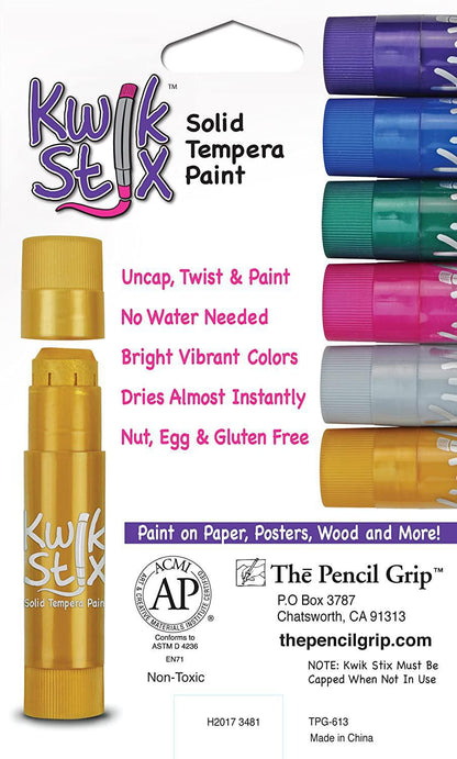 The Pencil Grip Kwik Stix METALIX Solid Tempera Paint, Super Quick Drying, 6 Pack (TPG-613),Gold,Silver,Pink,Green,Blue,Purple