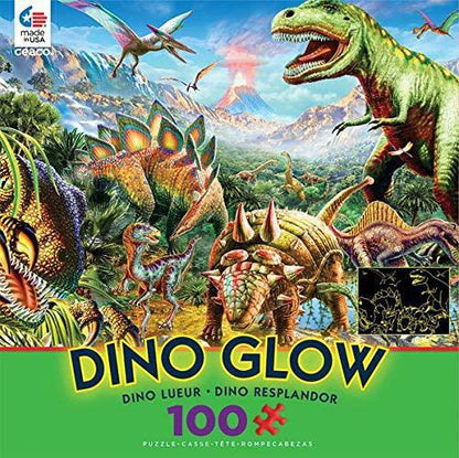 Ceaco 100 Piece Dinosaur Puzzle, Glow In The Dark Dinosaur Puzzles - T-Rex, Stegasaurus and Other Dinosaurs