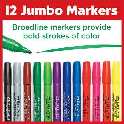 Faber-Castell Jumbo Broad Line Markers - 12 Colored Markers - Non-Toxic Supplies for Kids