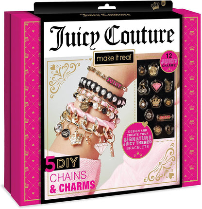 Make It Real - Juicy Couture Chains and Charms - DIY Charm Bracelet Making Kit for Girls - Feature Beads, Velvet Ribbon, Gold Chains