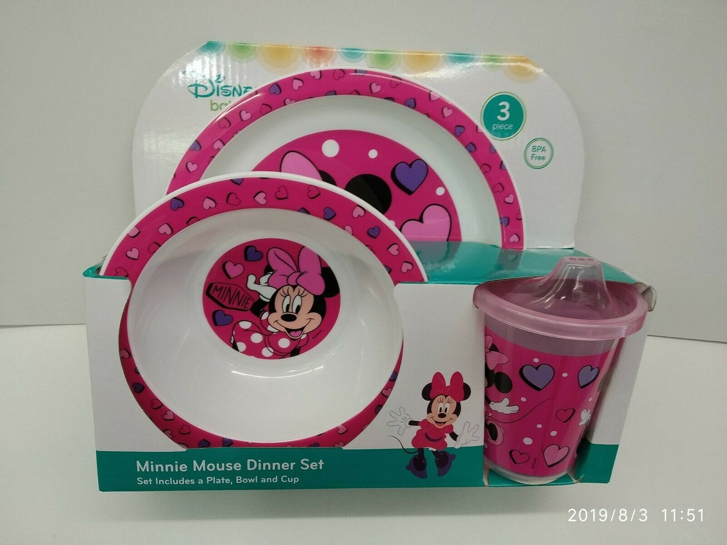 Minnie Mouse 3pc Dinner Set in Open Box (Plate, Bowl and Cup)