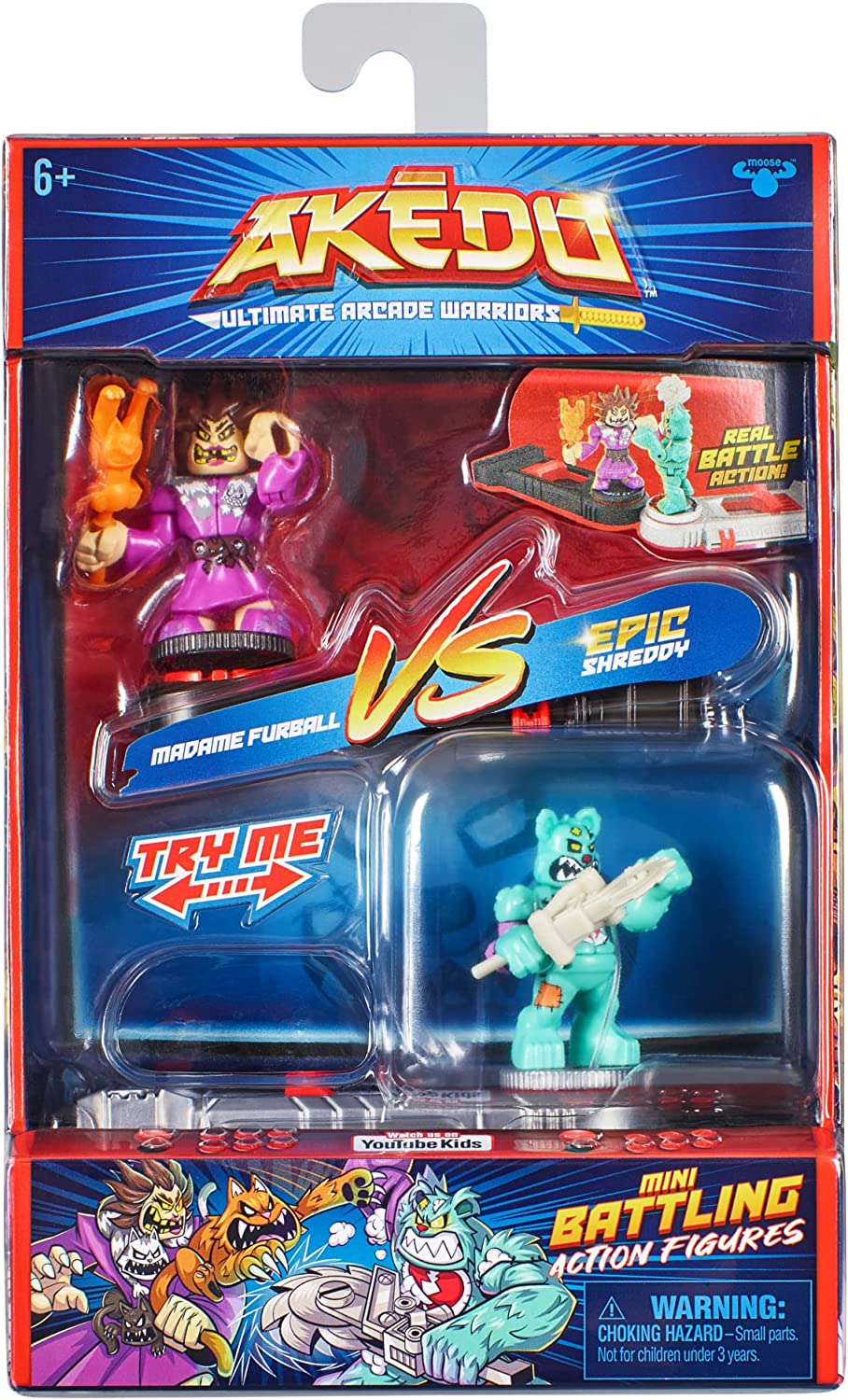 Akedo - Ultimate Arcade Warriors Versus Pack Mini Battling Action Figures - Ready, Fight, Split Strike - Epic SHREDDY VS Madame FURBALL Multicolor