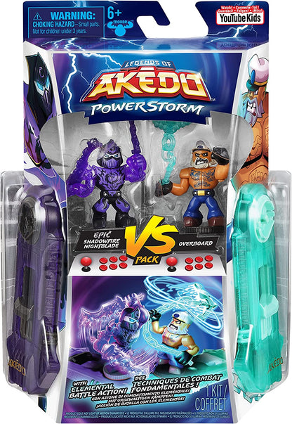 Legends of Akedo Powerstorm | Pack 2 Mini Battling Action Figures and 2 Battle Controllers | Epic Shadowfire Nightblade Versus Overboard