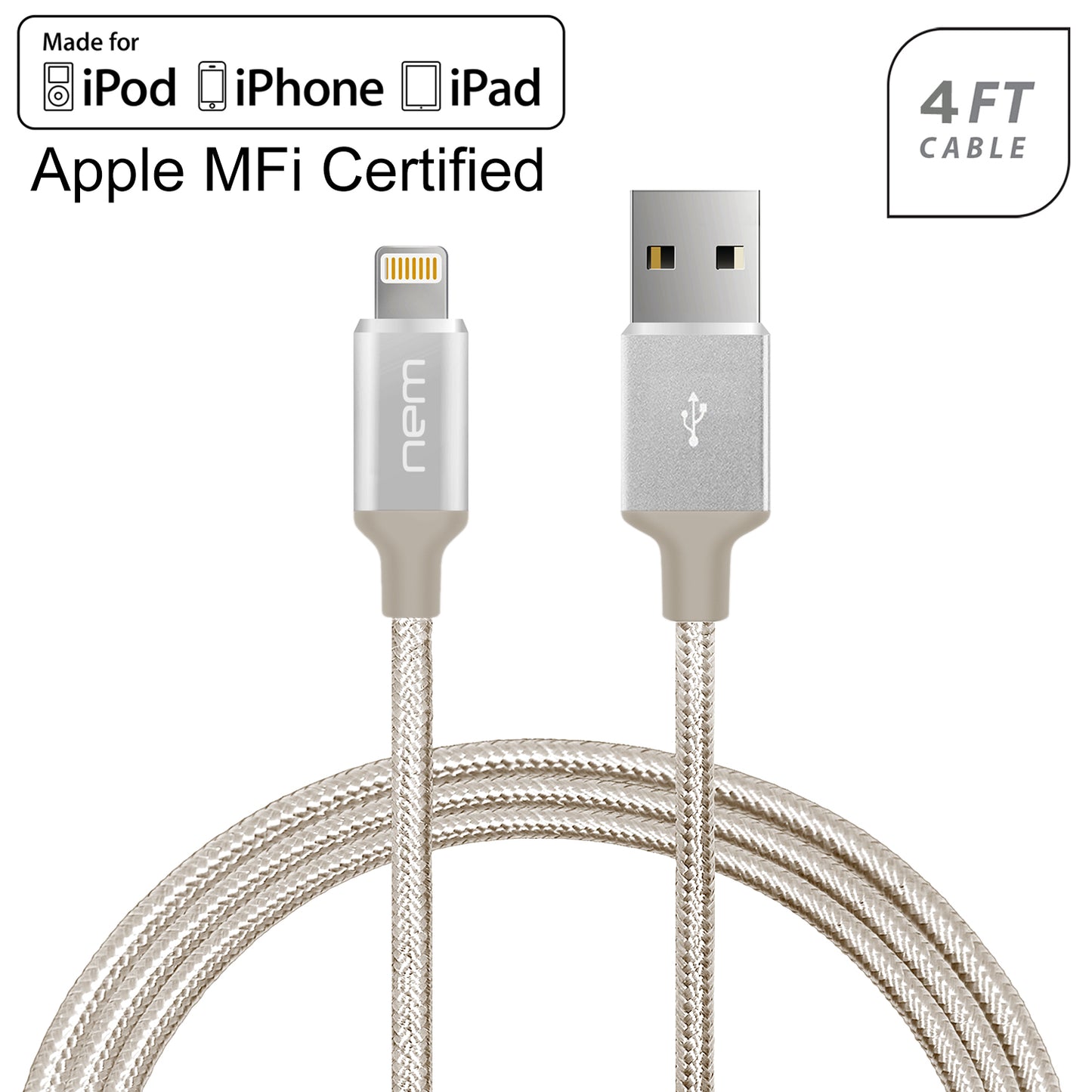 Apple MFi Certified Nylon Braided Lightning Cable 4Ft. (Silver)