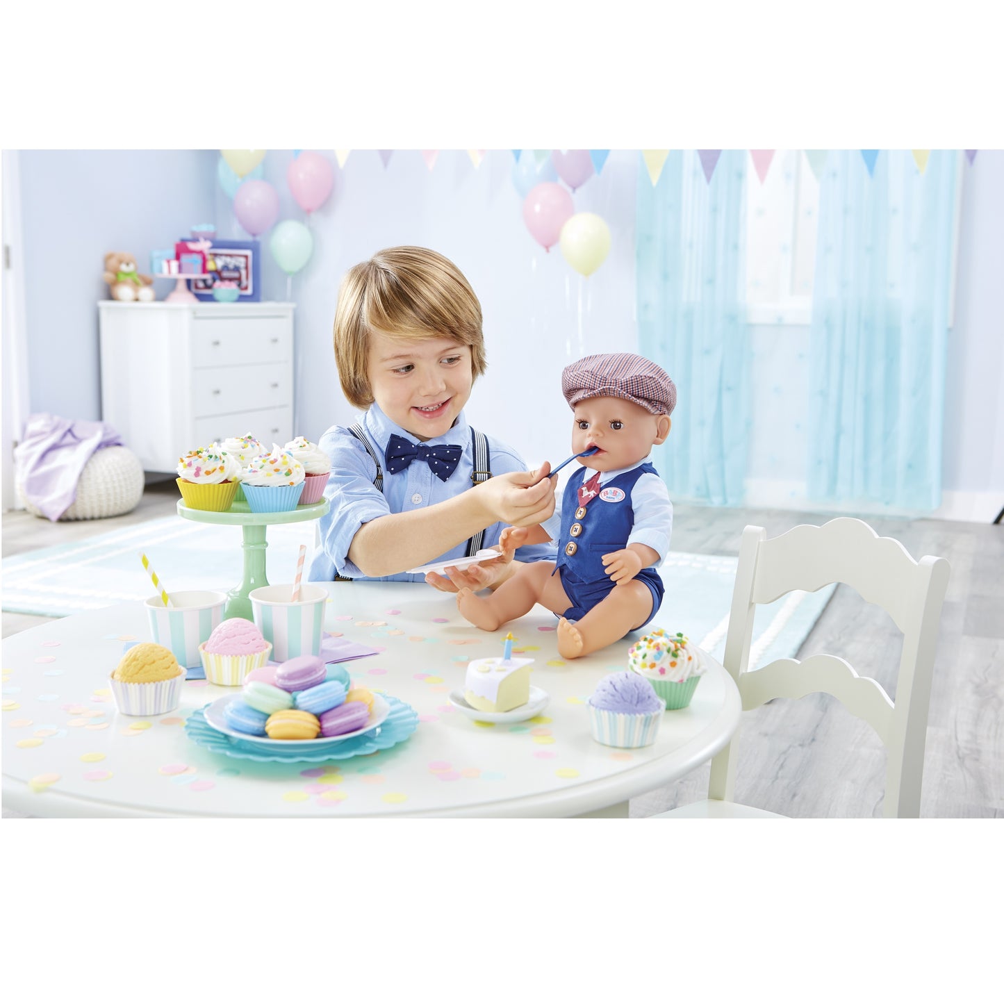 BABY born Interactive Boy Baby Doll Party Theme – Blue Eyes with 9 Ways to Nurture (Eats, Drinks, Cries, Sleeps, Bathes, and Wets)