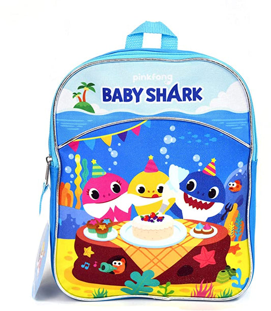 Baby Shark Backpack - Feature Mommy Shark, Daddy Shark, Baby Shark - Size 11" Blue