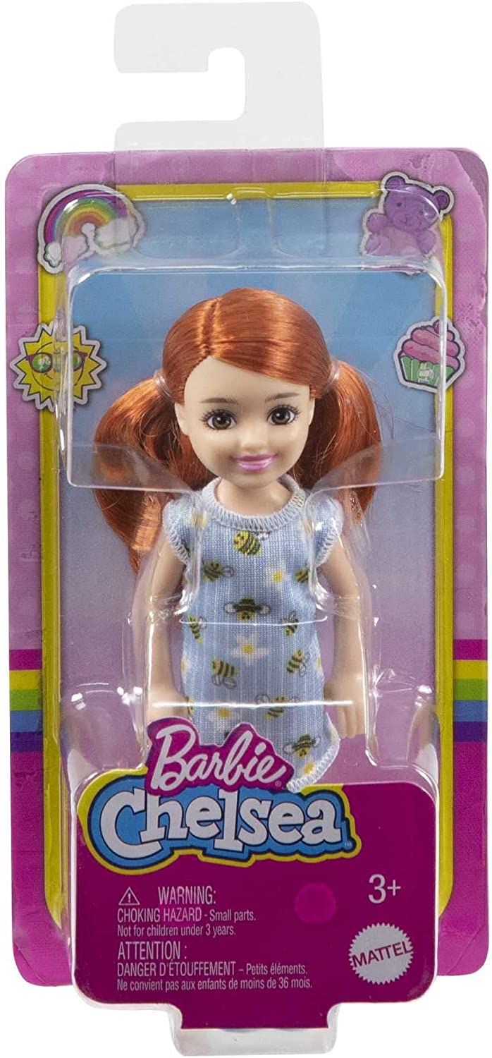 Barbie Chelsea Doll (Red Hair) Wearing Bumblebee & Flower-Print Dress and Blue Sandals, Toy for Kids Ages 3 Years Old & Up