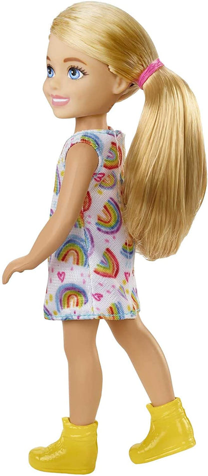 Barbie Chelsea Doll (Blonde) Wearing Rainbow-Print Dress and Yellow Shoes, Toy for Kids Ages 3 Years Old & Up