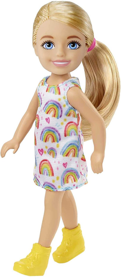 Barbie Chelsea Doll (Blonde) Wearing Rainbow-Print Dress and Yellow Shoes, Toy for Kids Ages 3 Years Old & Up
