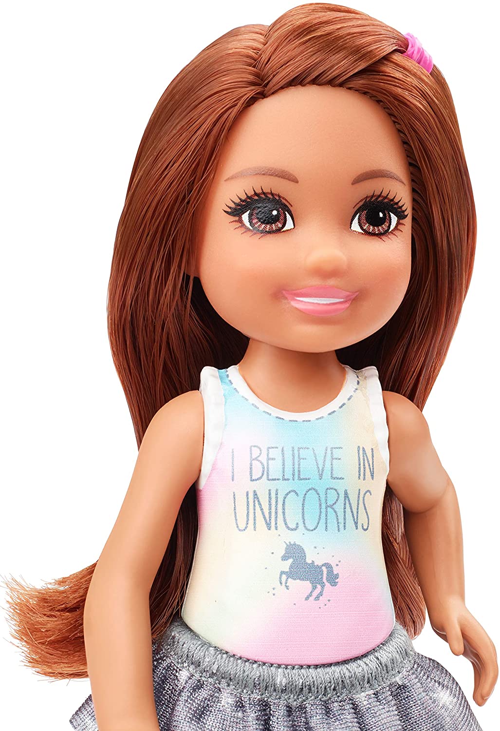 Barbie Club Chelsea Doll (6-inch Brunette) Wearing Unicorn-Themed Graphic and Star Skirt, for