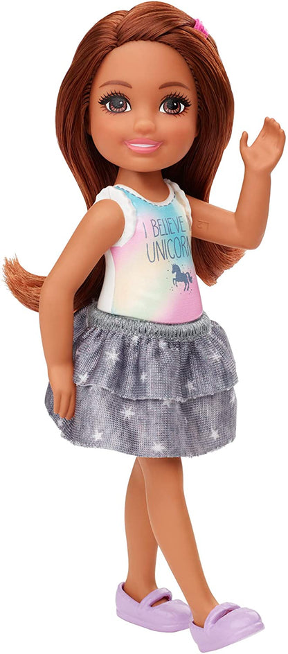 Barbie Club Chelsea Doll (6-inch Brunette) Wearing Unicorn-Themed Graphic and Star Skirt, for