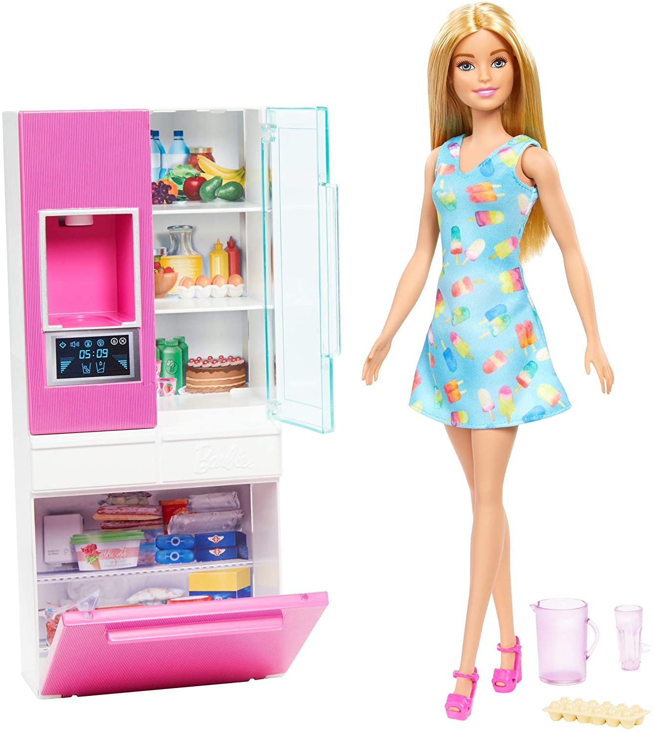 Barbie Doll, 11.5-in Blonde, and Furniture Set, Refrigerator with Working Water Dispenser and Three Kitchen Accessories