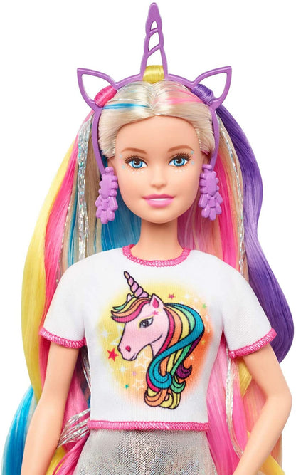 Barbie Fantasy Hair Doll, Blonde, with 2 Decorated Crowns, 2 Tops & Accessories for Mermaid and Unicorn Looks, Plus Hairstyling Pieces