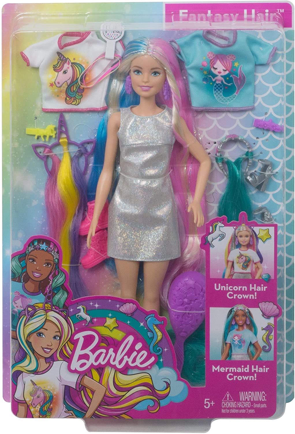 Barbie Fantasy Hair Doll, Blonde, with 2 Decorated Crowns, 2 Tops & Accessories for Mermaid and Unicorn Looks, Plus Hairstyling Pieces