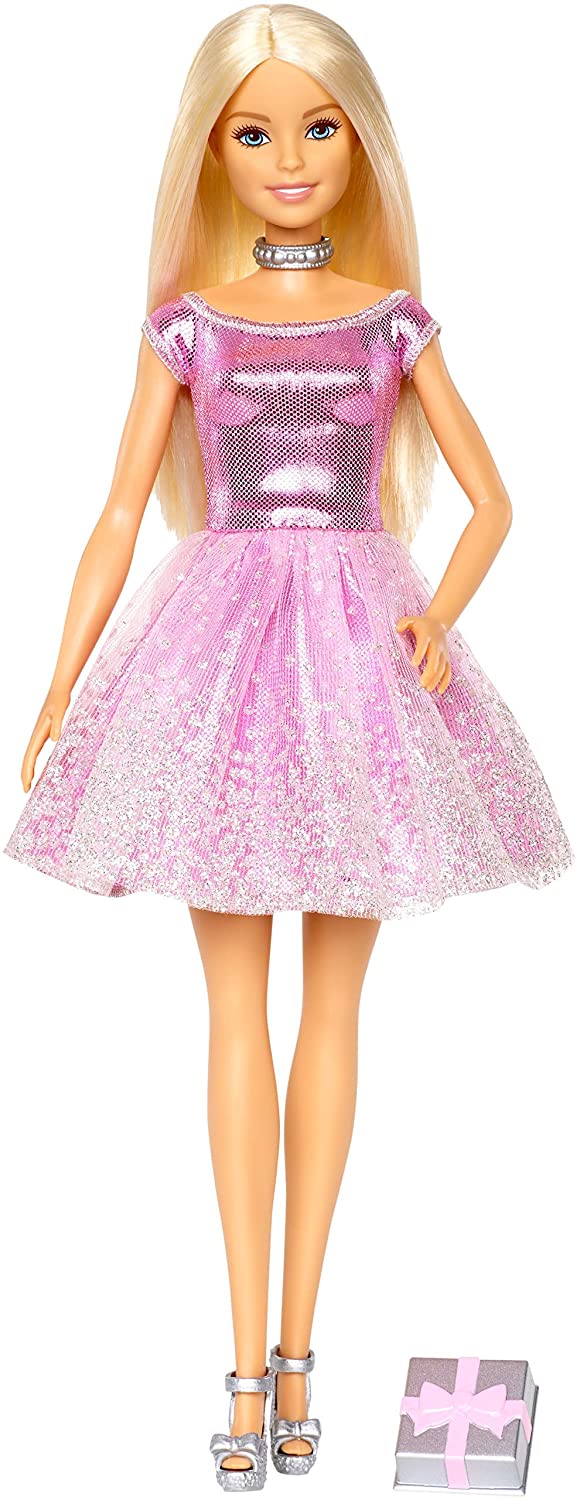 Barbie Happy Birthday Doll, Blonde, Wearing Shimmery Pink Party Dress with Gift