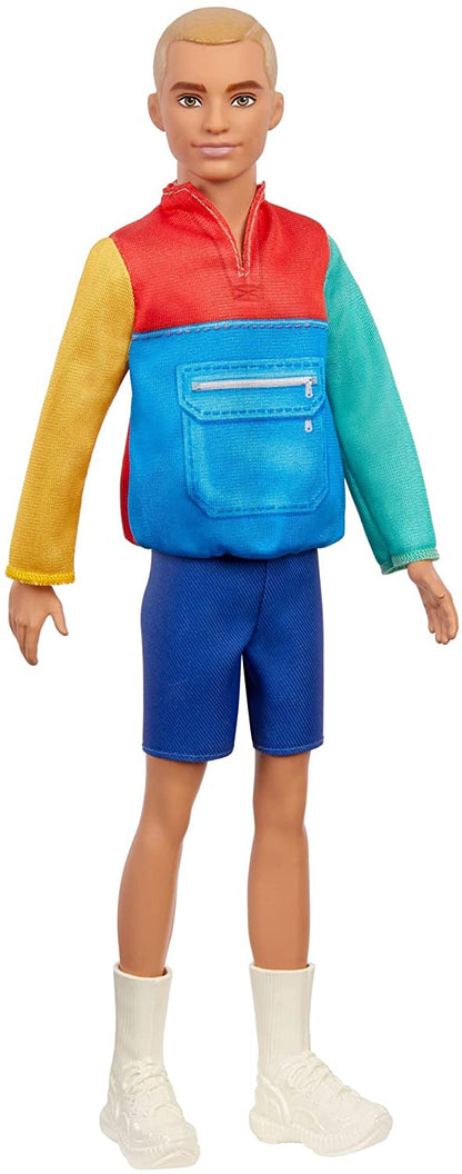 Barbie Ken Fashionistas Boy Figure Doll, Slender with Sculpted Blonde Hair Wearing Color-Blocked Jacket-Style Top, Blue Shorts & White Boots