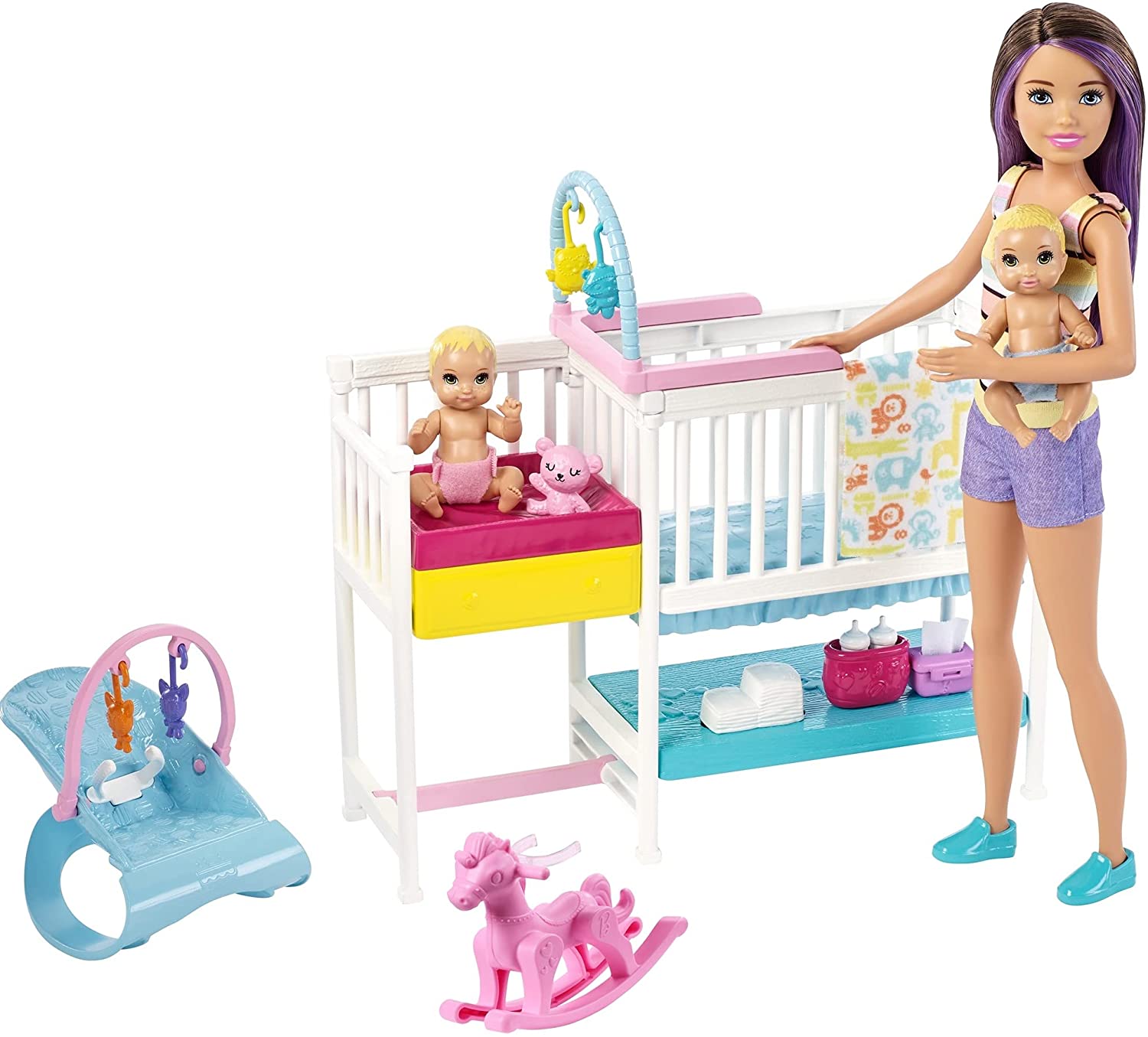 Barbie Nursery Playset with Skipper Babysitters Doll, 2 Baby Dolls, Cr ...