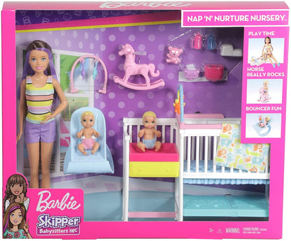 Barbie Nursery Playset with Skipper Babysitters Doll, 2 Baby Dolls, Crib and 10+ Pieces of Working Baby Gear and Themed Toys