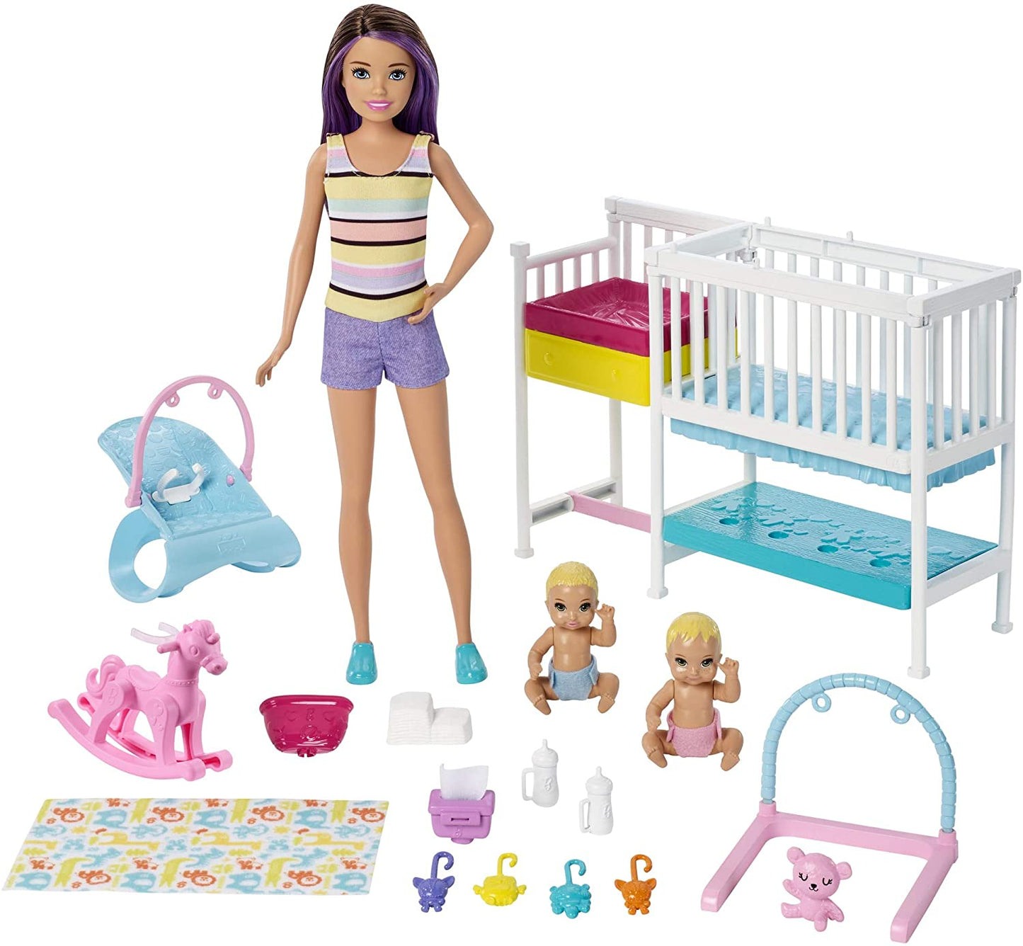 Barbie Nursery Playset with Skipper Babysitters Doll, 2 Baby Dolls, Crib and 10+ Pieces of Working Baby Gear and Themed Toys