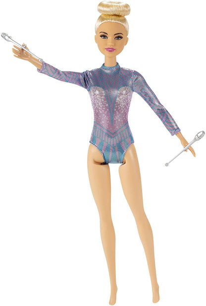 Barbie Rhythmic Gymnast Blonde Doll with Colorful Metallic Leotard, 2 Clubs & Ribbon Accessory