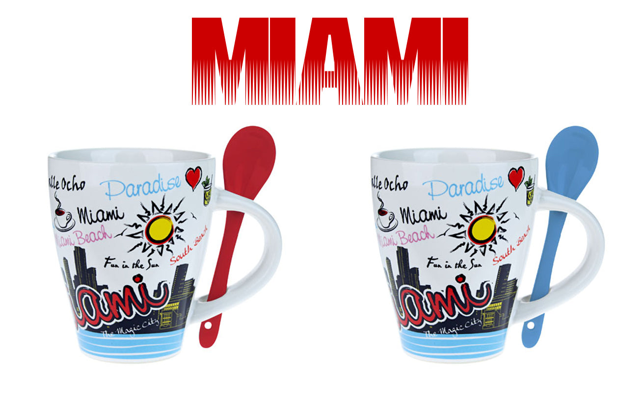 Best Of Miami Skyline Mix Font Coffee/Tea Mug and Bonus Spoon - White Hand Painted, Mia FL Coffee Mugs, Miami Florida, 10 Oz (1 Pcs)