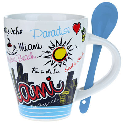 Best Of Miami Skyline Mix Font Coffee/Tea Mug and Bonus Spoon - White Hand Painted, Mia FL Coffee Mugs, Miami Florida, 10 Oz (1 Pcs)