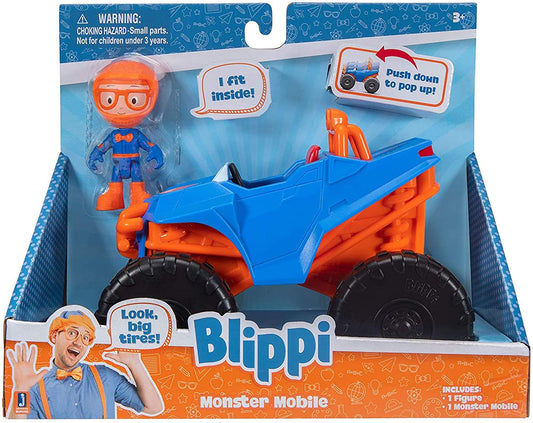 Blippi Monster Truck Mobile - Mini Vehicle with Freewheeling Features Including 2” Character Toy Figure and Cool Hydraulics