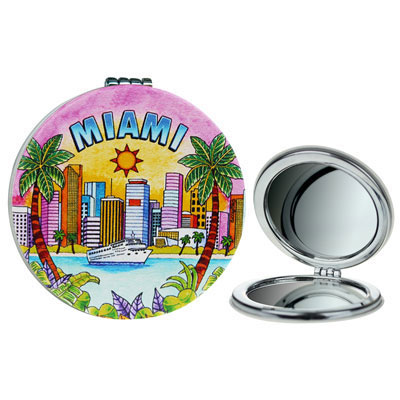 Circle Miami Pocket Mirror on the go Feature USA Flag, Miami Skyline - Miami Beauty Souvenir, 2.5" Multicolor