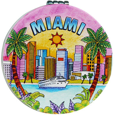 Circle Miami Pocket Mirror on the go Feature USA Flag, Miami Skyline - Miami Beauty Souvenir, 2.5" Multicolor
