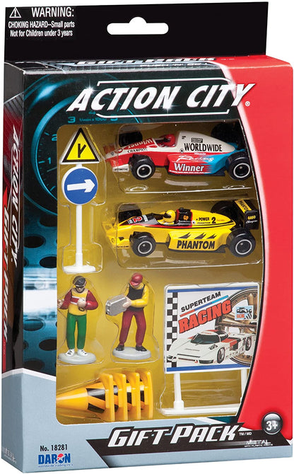 Action Racing Die Cast Vehicles, Race Car Signs and Figures Toy Playset (10 piece)