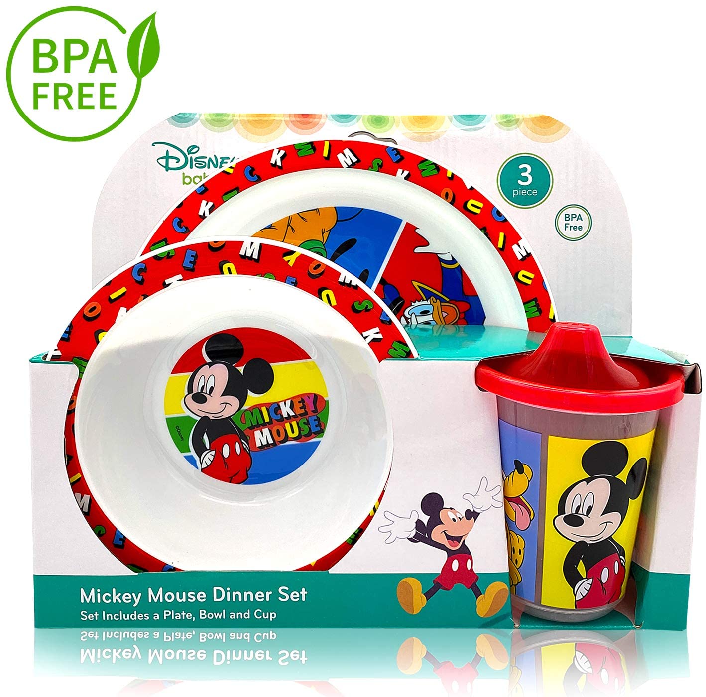 Disney Mickey Baby Toddler Utensil Dinnerware Dish Set Gift, Including Break Resistant Bowl, Dish Plate, Tumbler Cups