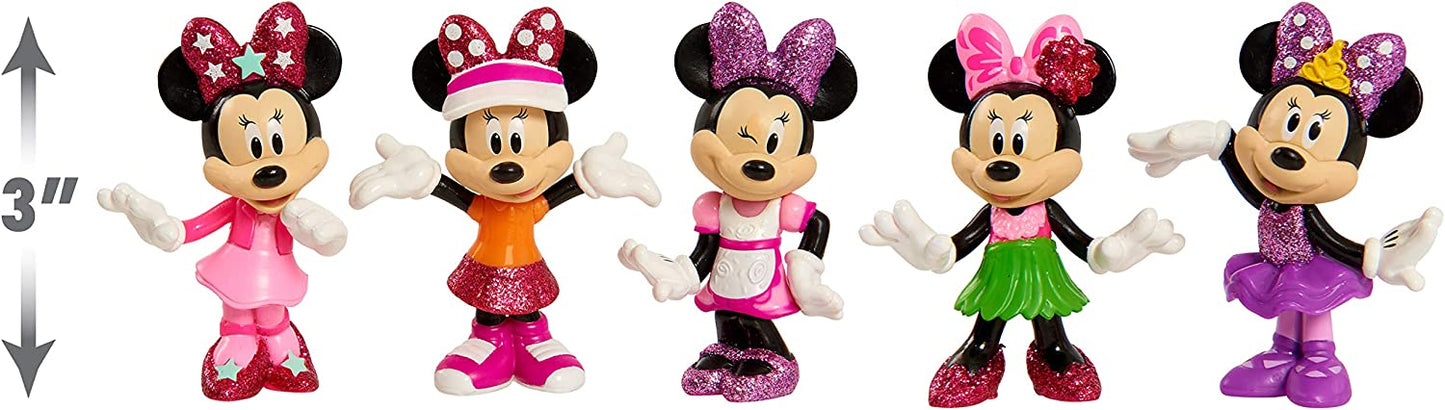 Disney Junior Minnie Mouse 3 Inch Tall Collectible Figure Set, 5 Piece Set Includes Tennis, Hula, Candy Maker, Popstar, and Ballerina Outfits, by Just Play