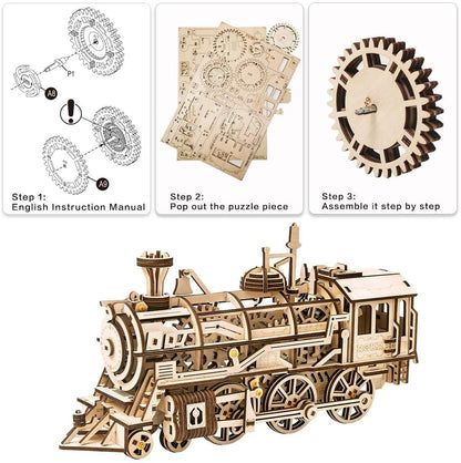 3D Wooden Puzzles Train Locomotive Mechanical Building Model Kit Gift for Teens and Adults Age 8+