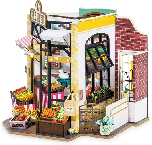 DIY Miniature Dollhouse Kit - Carl's Fruit Shop 3D Model Wooden Furniture House Building with LED Lights Wood Pre Cut Pieces Puzzle