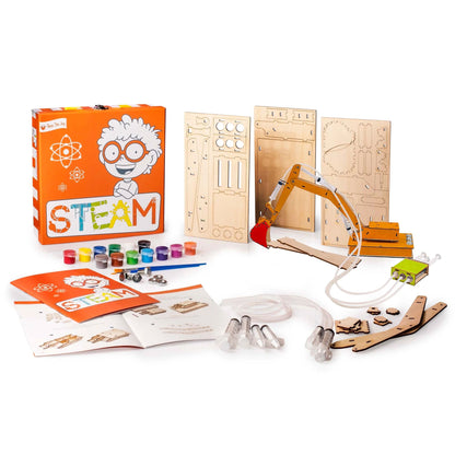 STEAM Hydraulic Excavator Activity Kit In a Gift Box - Kids Science Kit Feature 47 Wooden Parts, Paint Brushes, Screws and Bolts, Plastic Tubes