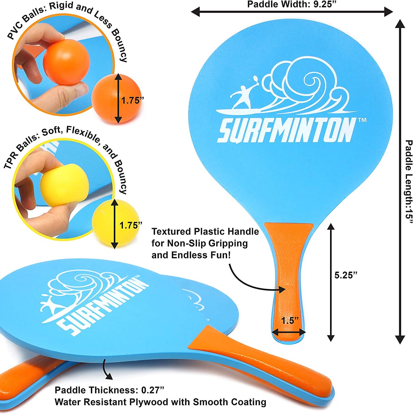Surfminton Classic Beach Tennis Wooden Paddle Game Set (4 Balls, 2 Thick Water Resistant Wooden Rackets, 1 Reusable Mesh Bag)