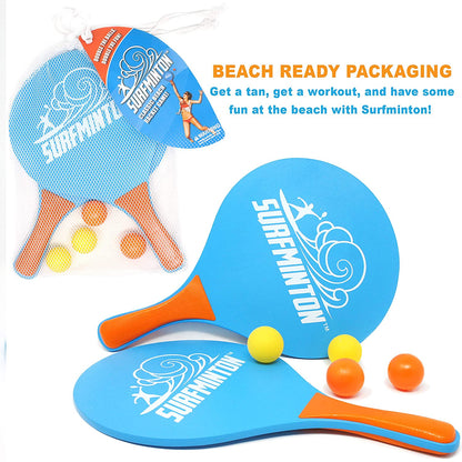 Surfminton Classic Beach Tennis Wooden Paddle Game Set (4 Balls, 2 Thick Water Resistant Wooden Rackets, 1 Reusable Mesh Bag)