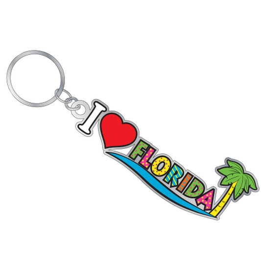 I Love Florida Palm Tree Key Chain Rectangular Enamel Metal Keychain - Travel Souvenir Gift, Multicolor (1Pcs)