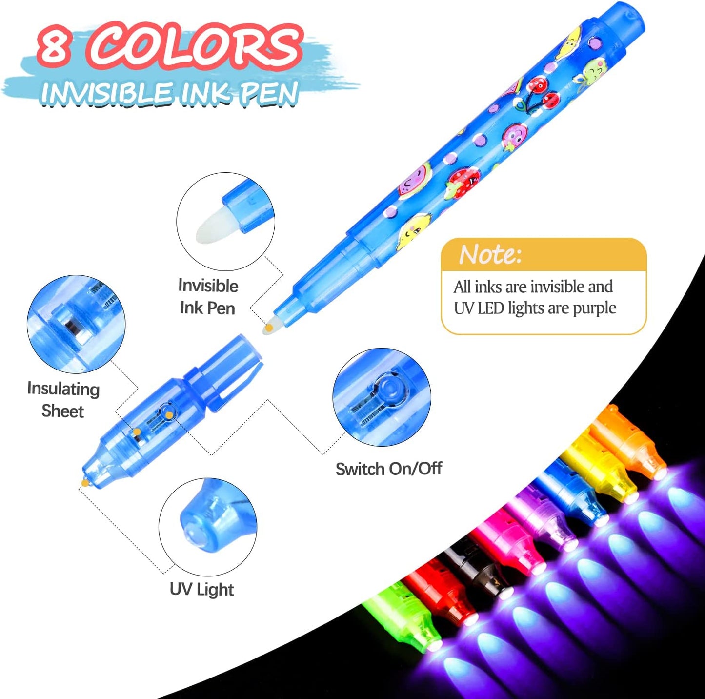 Spy Pen Invisible Disappearing Ink Pen with Light Magic Marker Kids Party Favors, Secret Pen Birthday Party - Random Color Pick