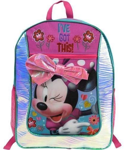 Minnie Mouse Girls' 16" Foil Backpack with Pink Bow and Water Bottle, Medium