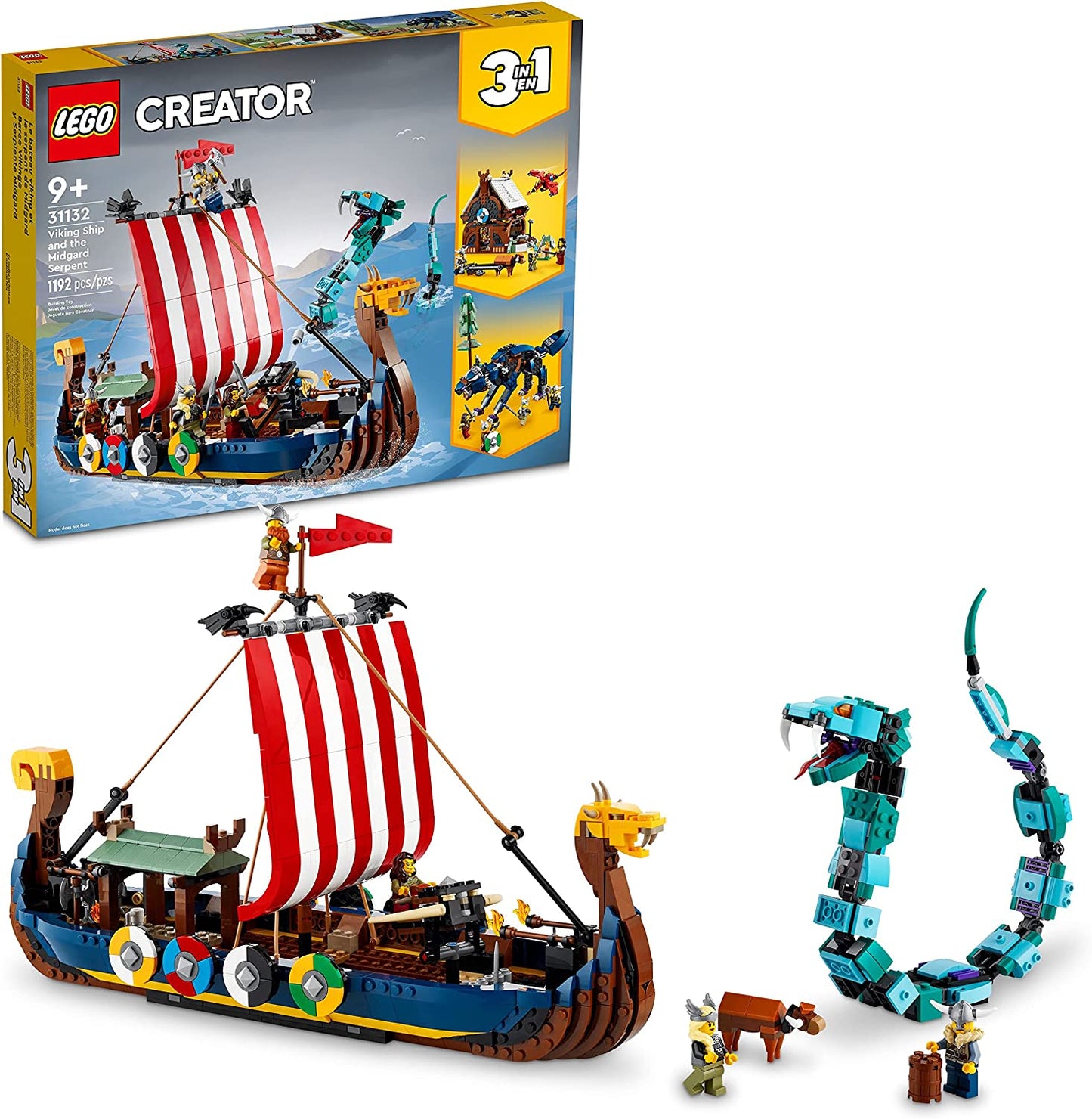 LEGO Creator 3in1 Viking Ship and The Midgard Serpent 31132 Building Toy Set for Boys, Girls, and Kids Ages 9+ (1,192 Pieces)