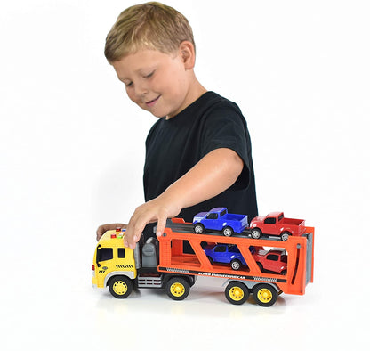 Sunny Days Entertainment Long Haul Vehicle Transport – Lights and Sounds Pull Back Toy Vehicle with Friction Motor