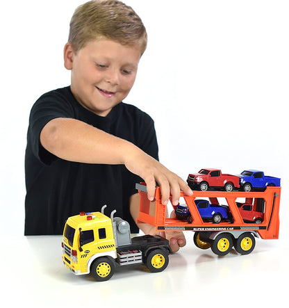 Sunny Days Entertainment Long Haul Vehicle Transport – Lights and Sounds Pull Back Toy Vehicle with Friction Motor
