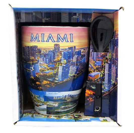 Miami Mug with Spoon and Gift Box - Feature Miami Aerial Views, Classic Cars, Cruise ship and Art Deco, Florida Souvenirs, 11 Oz